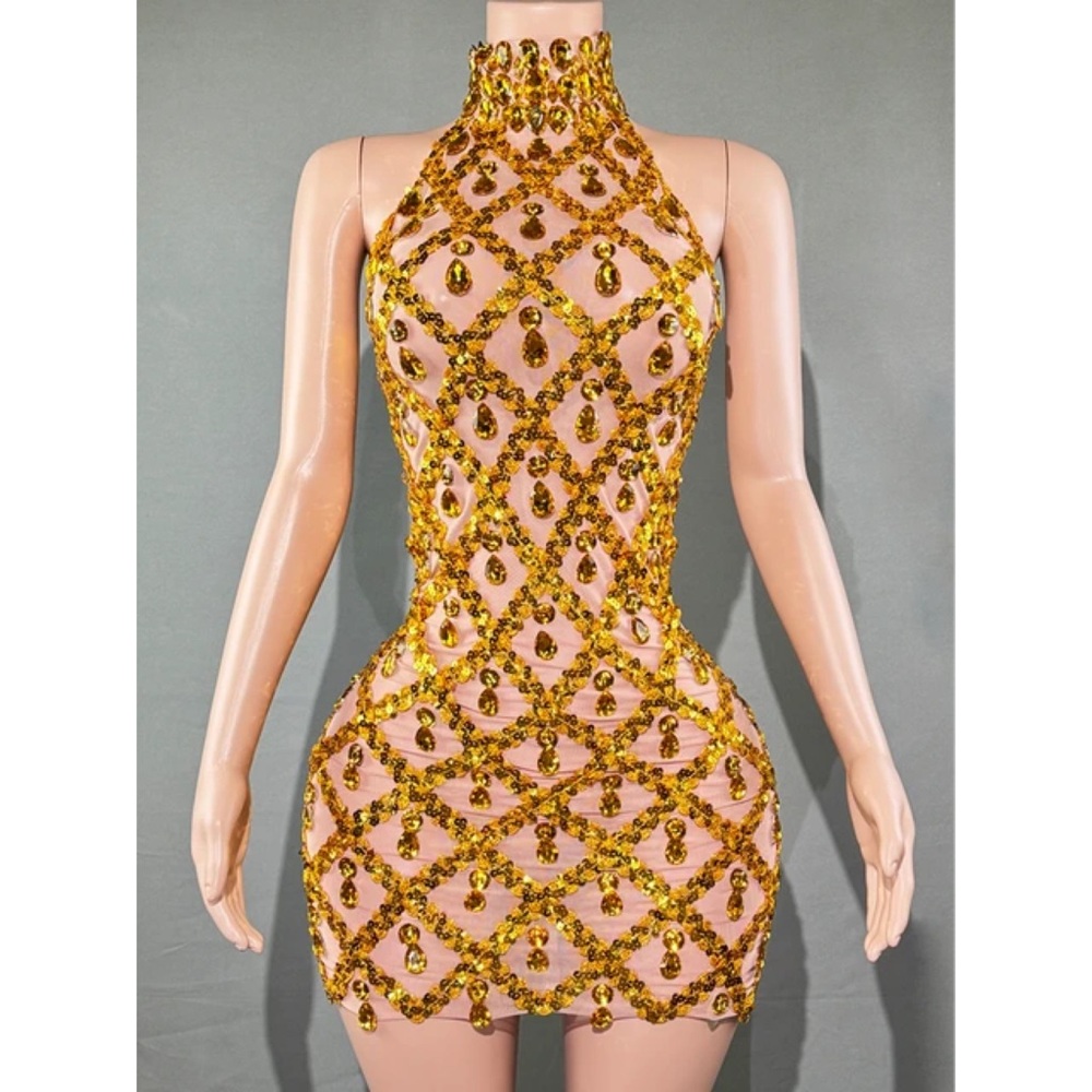 MIDNIGHT GOLD RHINESTONE DRESS